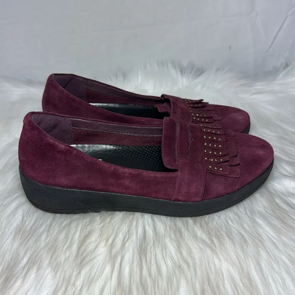 Fitflop Burgundy Suede Stud‎ Fringe Penny Loafers Sz 6
